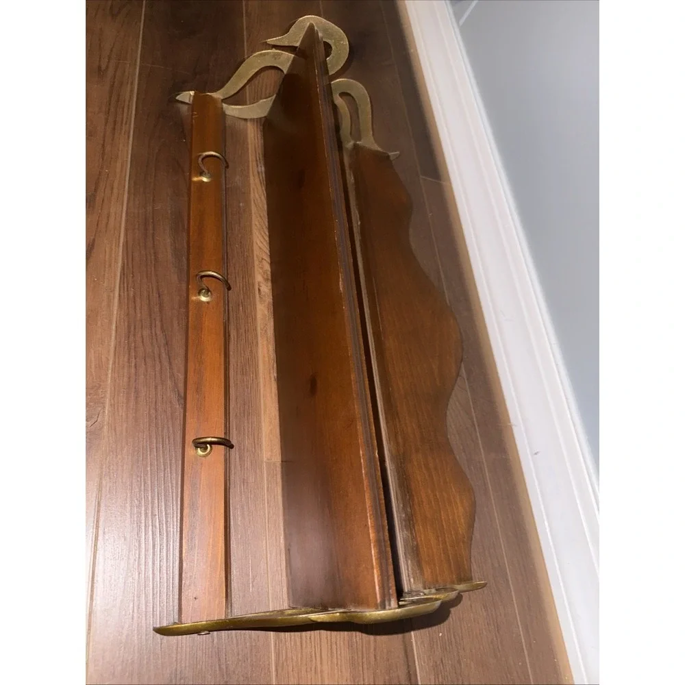 Antique MCM Brass Wood Swan Wall Mount Shelf Coat Rack 3 Hook Rare Style 21